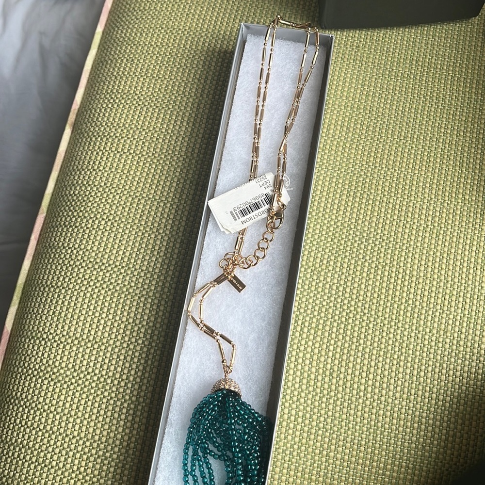 Nordstrom Gold Chain Necklace with Teal Beaded Tassel